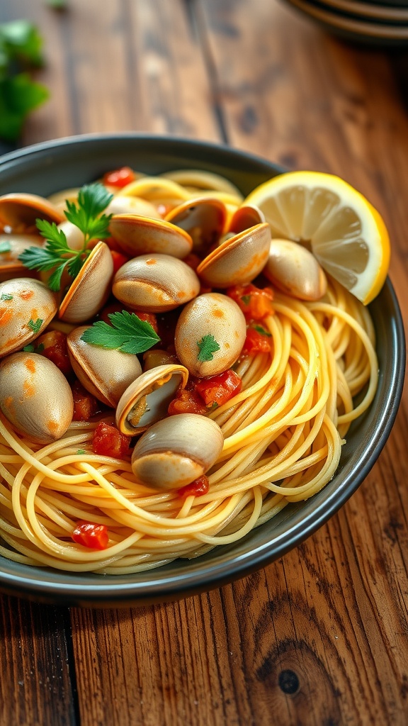 Spaghetti with clam sauce garnished with parsley and lemon wedges on a rustic table.